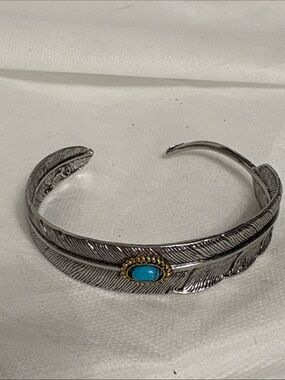 Silver Feather Cuff Bracelet with Turquoise Accent